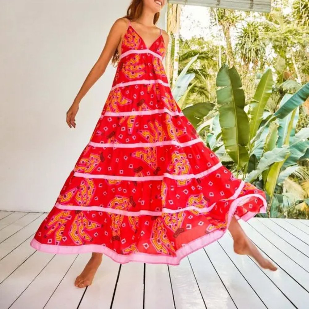 Anthropologie Farm Rio Red Tiki Bananas Maxi Tiered Dress. NWOT